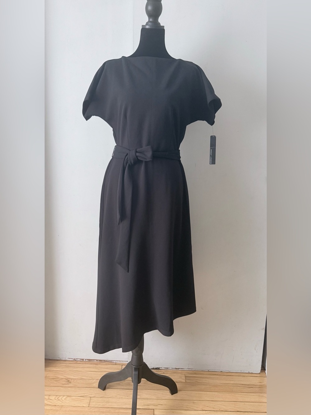 Maggy London Black Midi Dress with asymmetrical hem and Self-Tie Belt LBD